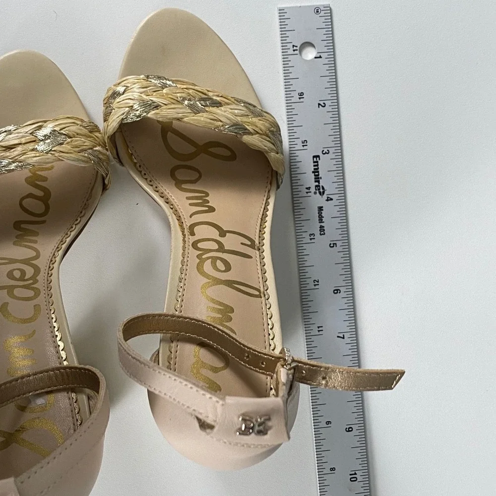 Sam Edelman Yaro Block Heel Sandals Beige Gold Braided Straw Leather 7 SU - Picture 5 of 5